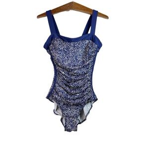 INC Women’s Blue White Abstract One Piece Ruched Swimsuit Size 12 Beach Vacation